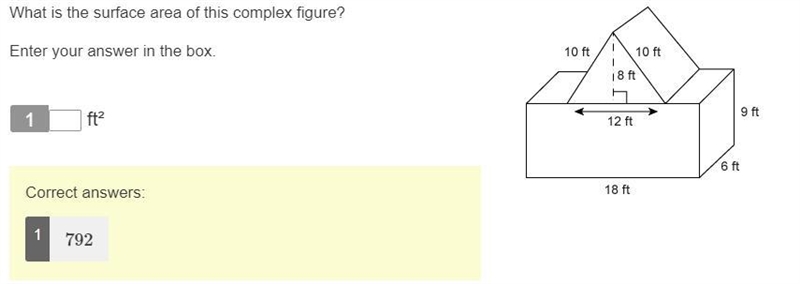 What is the surface area of this complex figure? Enter your answer in the box. ft-example-1