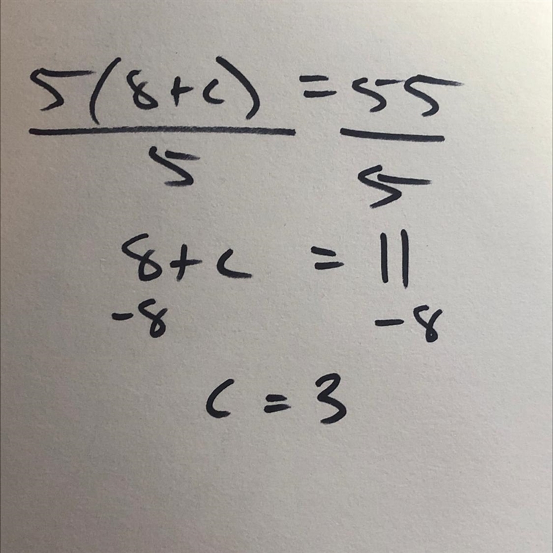 Solve for c: 5(8 + c) = 55 answer choices c = 3 c = 11 c = 5 c = 4-example-1