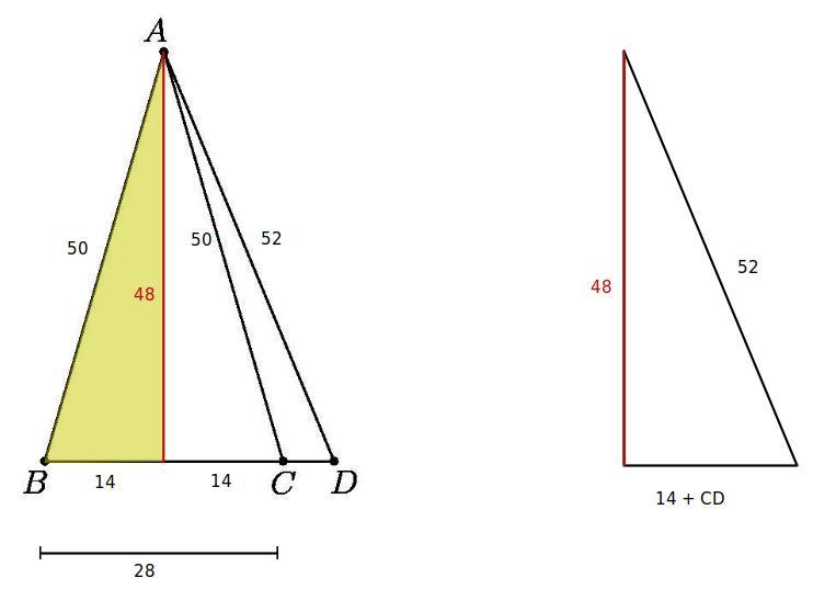 In the figure below, AB=AC=50, AD=52, and BC=28. Determine CD.-example-1