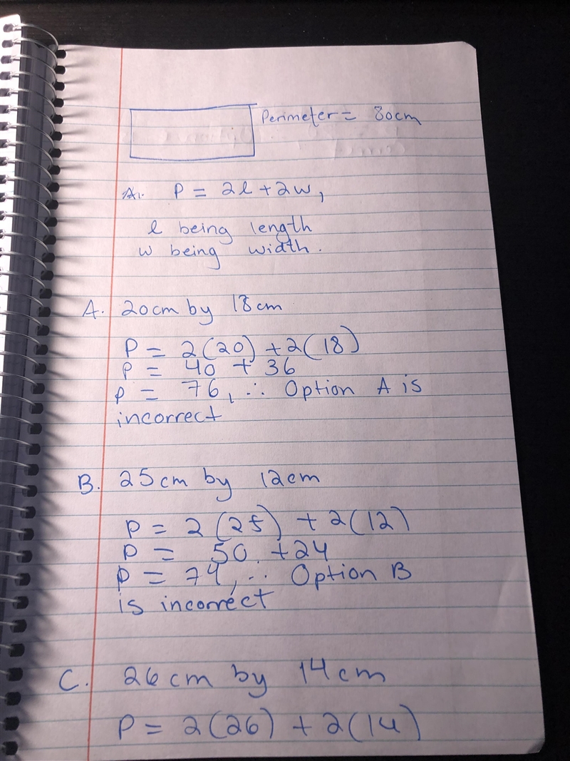 again i am timed. The perimeter of a rectangle is 80 centimeters. Which set of measurements-example-1