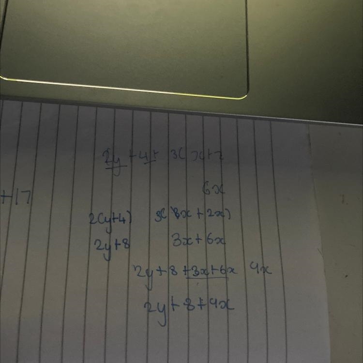 Which expression is equivalent to 2(y+4)+3(x+2x) The answers I have as multiple choice-example-1