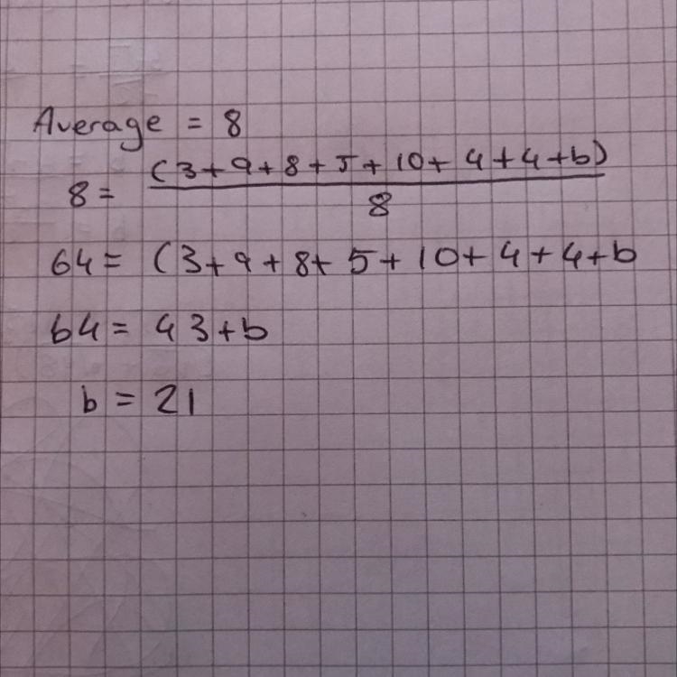 If the average of the following data is 8, what is value of b? 3, 9, 8, 5, 10, 4, 4, b-example-1