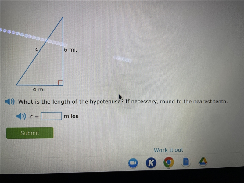 Hi! I need help on the phytagorean theorem find the length of the hypotenuse. If someone-example-1