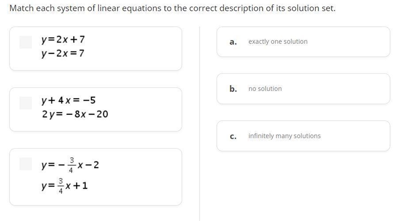 Match each system of linear equations to the correct description of its solution set-example-1