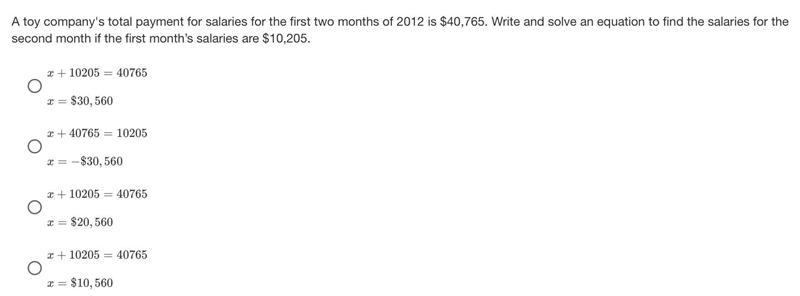 A toy company's total payment for salaries for the first two months of 2012 is $40,765. Write-example-1