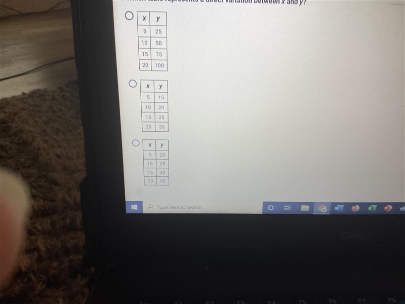 Which table represents a direct variation between X and Y?-example-1