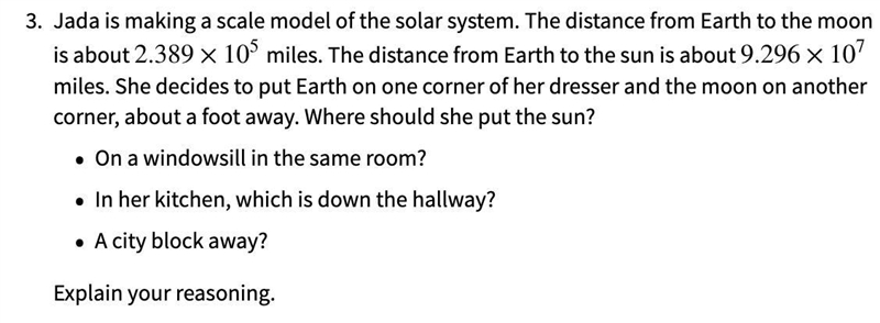 Jada is making a scale model of the solar system. The distance from Earth to the moon-example-1