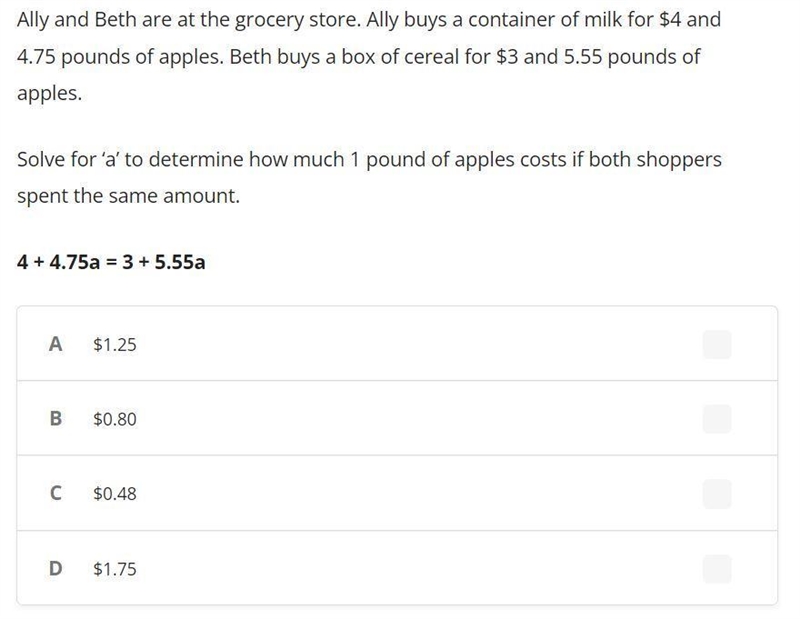 Ally and Beth are at the grocery store. Ally buys a container of milk for $4 and 4.75 pounds-example-1