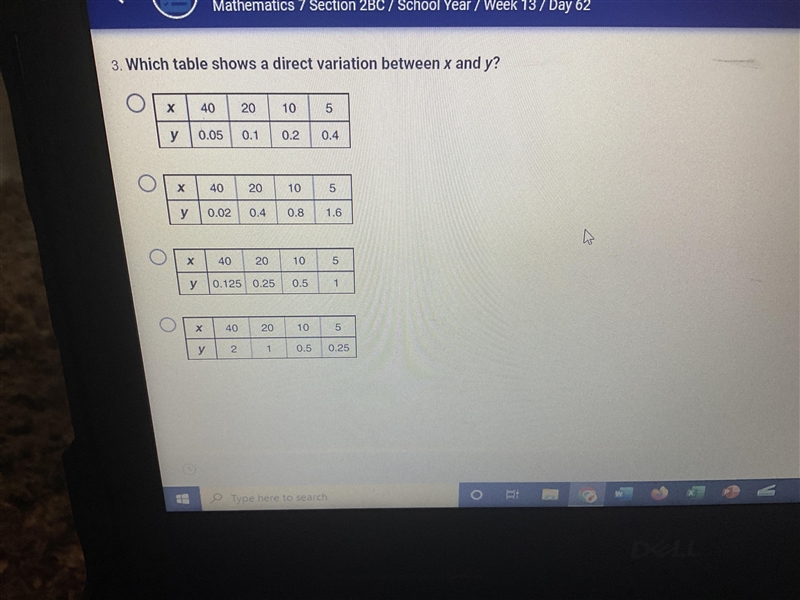 Which table shows a direct variation between x and y?-example-1