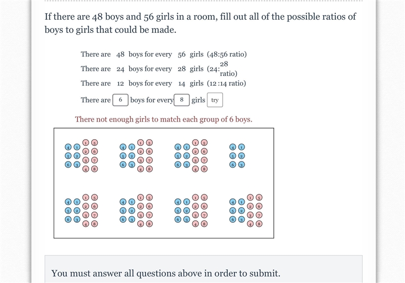 If there are 48 boys and 56 girls in a room, fill out all of the possible ratios of-example-1