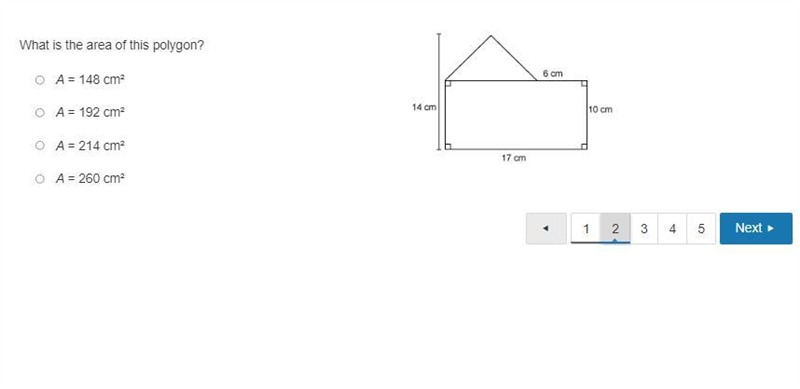 What is the area of this polygon? A = 148 cm² A = 192 cm² A = 214 cm² A = 260 cm²-example-1