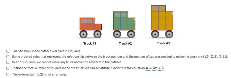 Mark the statements about the truck pattern that are true. Select all that apply.-example-1