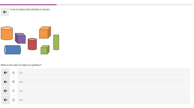 A set of cubes and cylinders is shown. What is the ratio of cubes to cylinders?-example-1