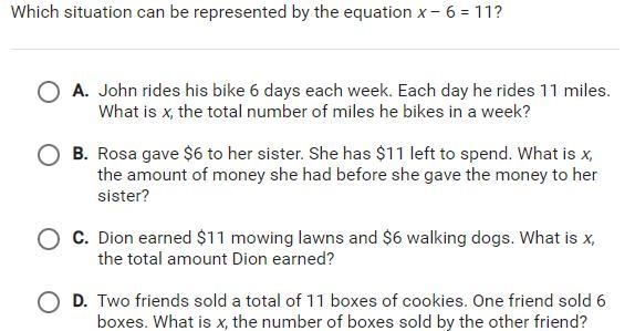 Which situation can be represented by the equation x-6=11?-example-1