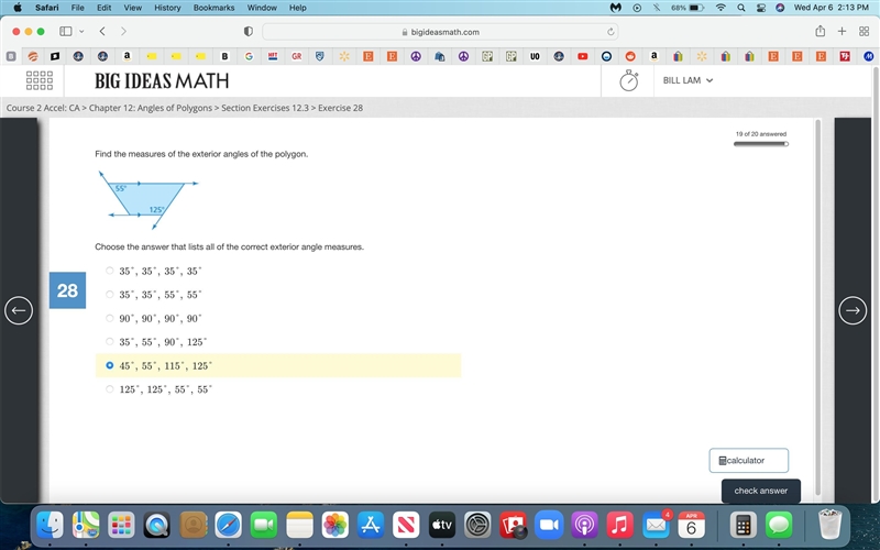 Find the measures of the exterior angles of the polygon. Choose the answer that lists-example-1