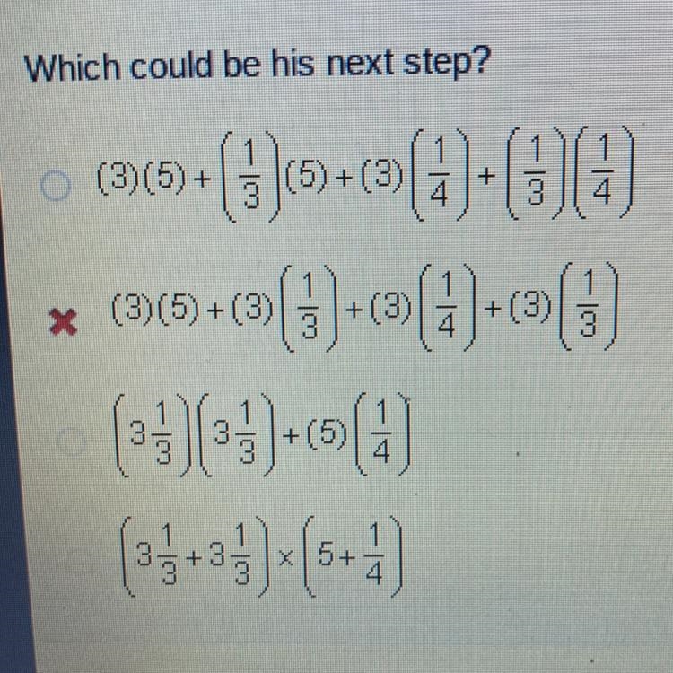 Adante Begins to evaluate the expression 3 1/3 x 5 1/4 using the steps below. 1 1/3 x-example-1