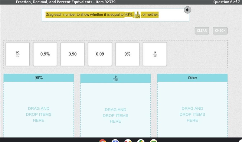 Drag each number to show whether it is equal to 90%, 9100, or neither.-example-1