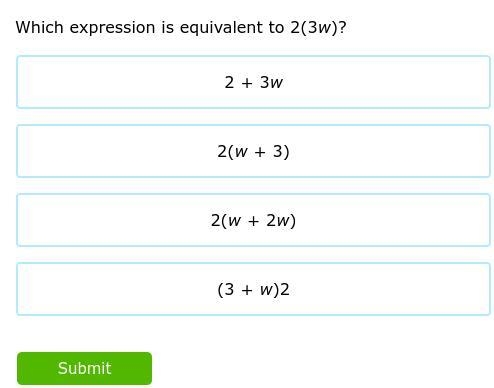 Which expression is equivalent to 2(3w)?-example-1