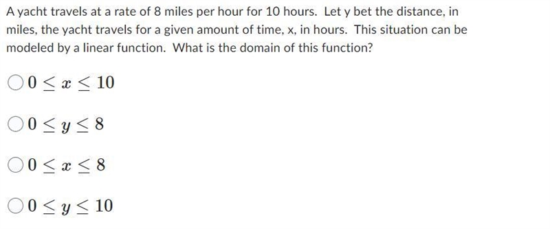 A yacht travels at a rate of 8 miles per hour for 10 hours. Let y bet the distance-example-1