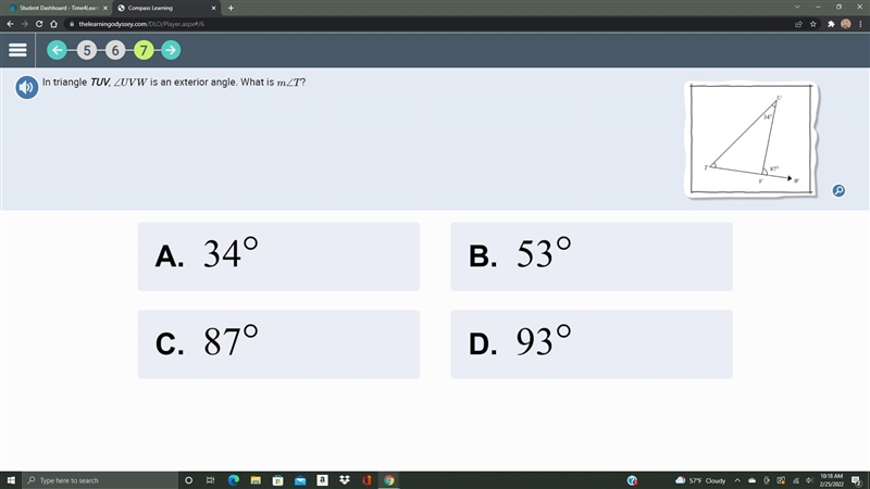 In triangle TUV, ∠UVW is an exterior angle. What is m∠T?!-example-1