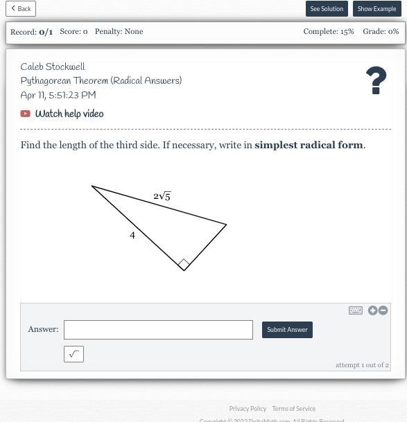 Find the length of the third side. If necessary, write in simplest radical form.-example-1