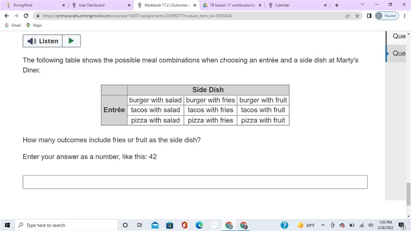 The following table shows the possible meal combinations when choosing an entrée and-example-1