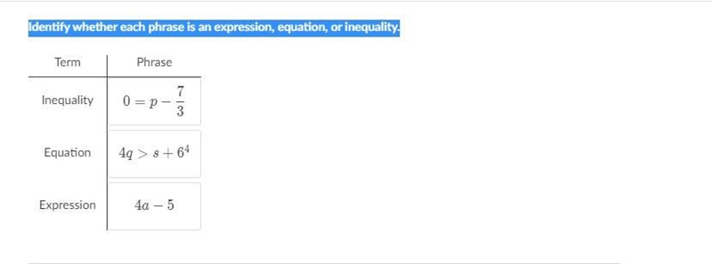 Identify whether each phrase is an expression, equation, or inequality.-example-1