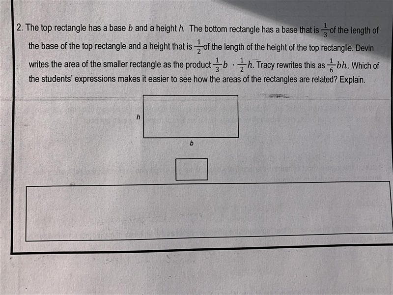 The top rectangle has a base b and a height h. The bottom rectangle has a base that-example-1