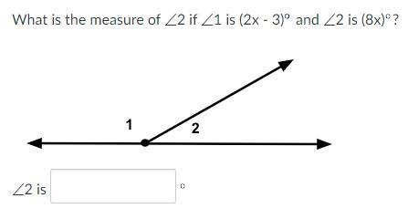 Q6: What is the measure of 2 if 1 is (2x - 3) and 2 is (8x)?-example-1