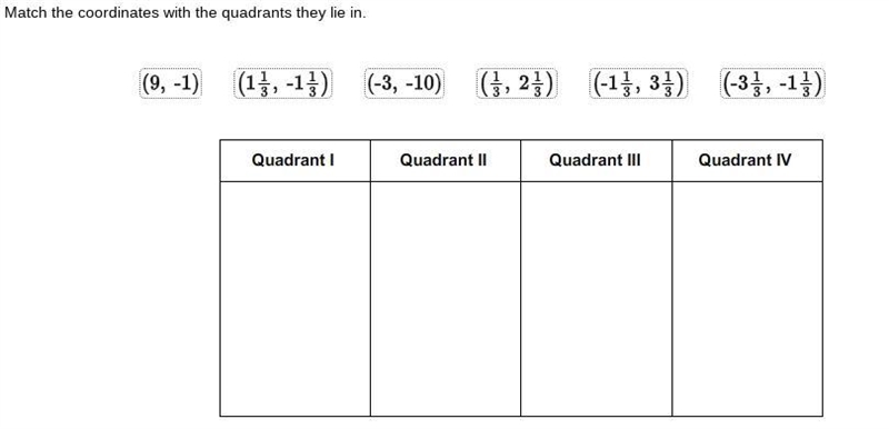 Match the coordinates with the quadrants they lie in.-example-1