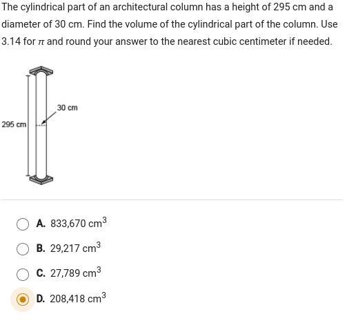 the cylindrical part of an architectural column has a height of 295 cm and a diameter-example-1