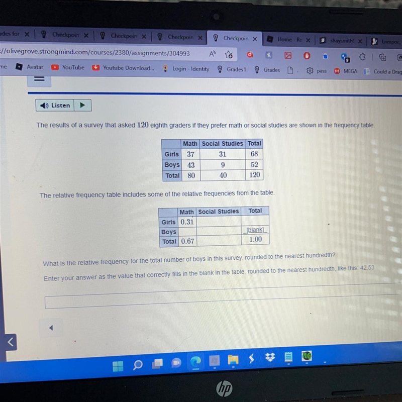 The results of a survey that asked 120 eighth graders if they prefer math or social-example-1