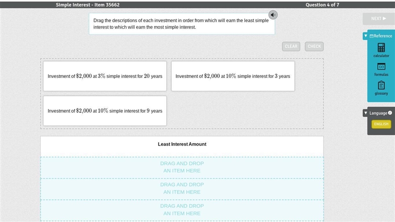 Drag the descriptions of each investment in order from which will earn the least simple-example-1