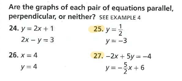 Are the graphs of each pair of equations parallel, perpendicular, or neither?-example-1