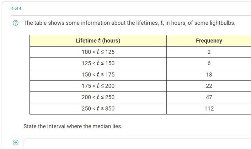 [STATISTICS QUESTION] The table shows some information about the lifetimes, t, in-example-1