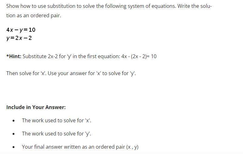 Show how to use substitution to solve the following system of equations. Write the-example-1