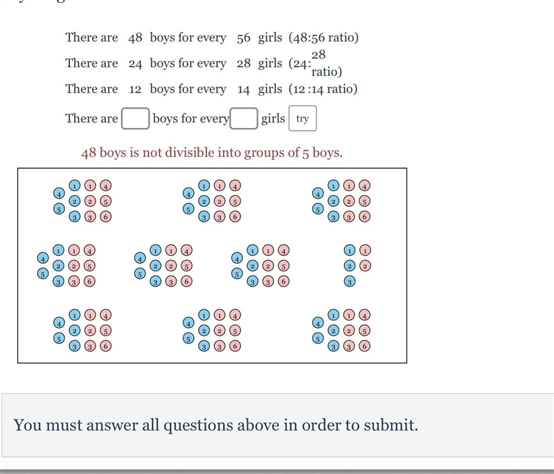 there are 48 boys and 56 girls in a room, fill out all of the possible ratios of boys-example-1