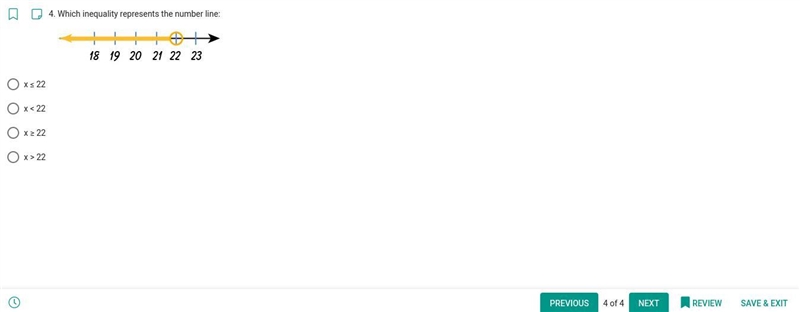 Which inequality represents the number line: x ≤ 22 x < 22 x ≥ 22 x > 22-example-1