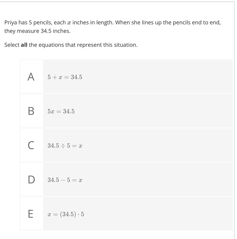 Priya has 5 pencils, each x inches in length. When she lines up the pencils end to-example-1