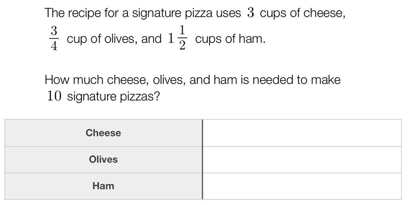 The recipe for a signature pizza uses 3 cups of cheese, 3/4 cup of olives, and 1 1/2 cups-example-1