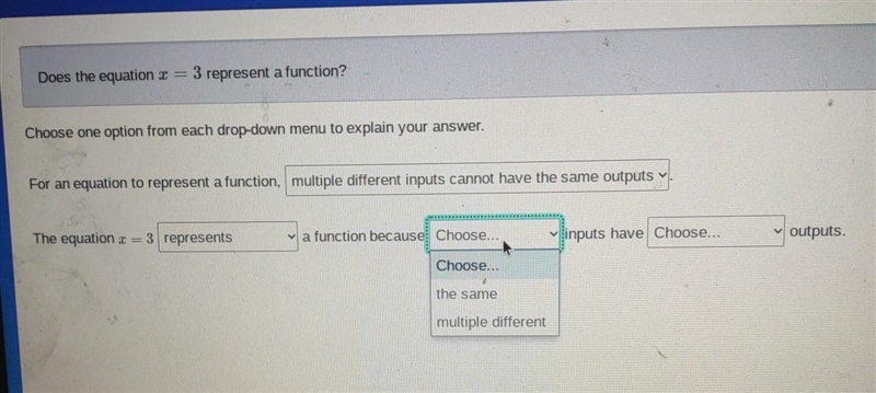 Does the equation r = 3 represent a function? Choose one option from each drop-down-example-1