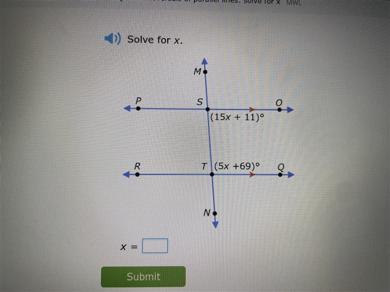 Can someone please help me on transverse of parallel lines: solve for x? It is due-example-1