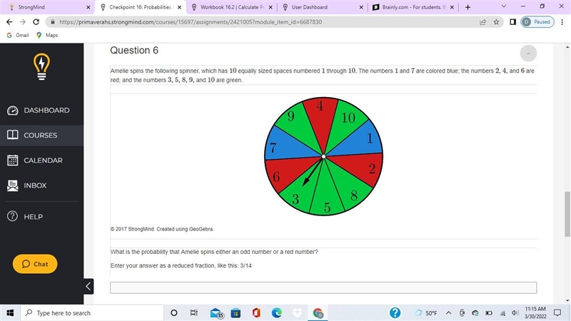 Amelie spins the following spinner, which has 10 equally sized spaces numbered 1 through-example-1