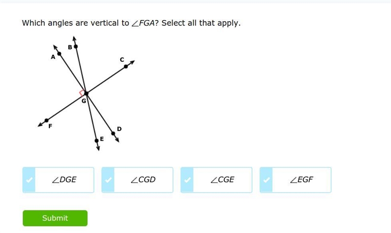 8 POINTS: Which angles are vertical to ∠FGA? Select all that apply. Please help-example-1