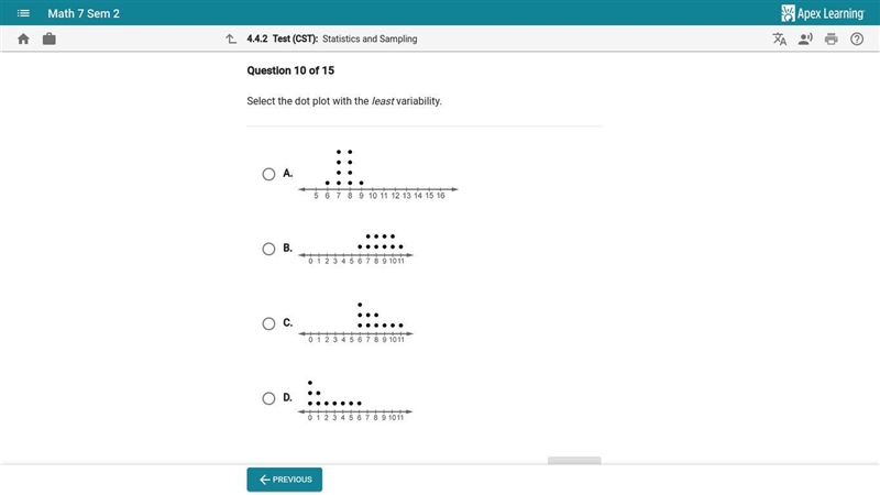 Please help!!! Select the dot plot with the least variability.-example-1