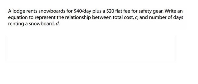 Write an equation to represent the relationship between total cost, c, and the number-example-1