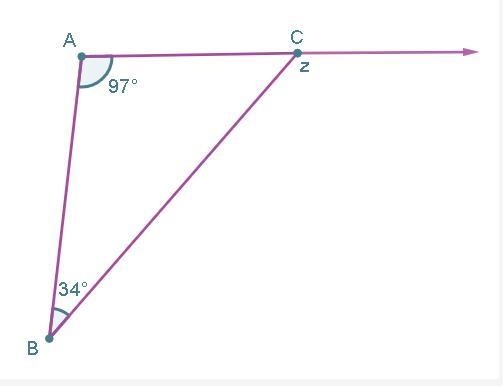 Triangle ABC is shown with exterior ∠z. Determine m∠z. 49° 97° 131° 146°-example-1