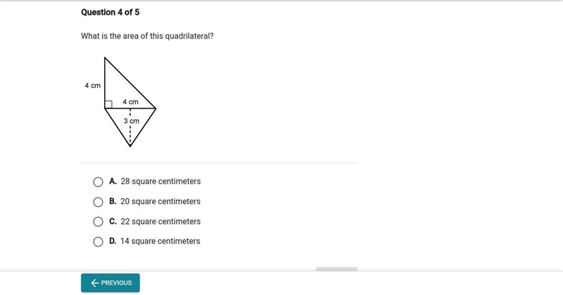 What is the area quadrilateral A. 28 B.20 C.22 D.14-example-1