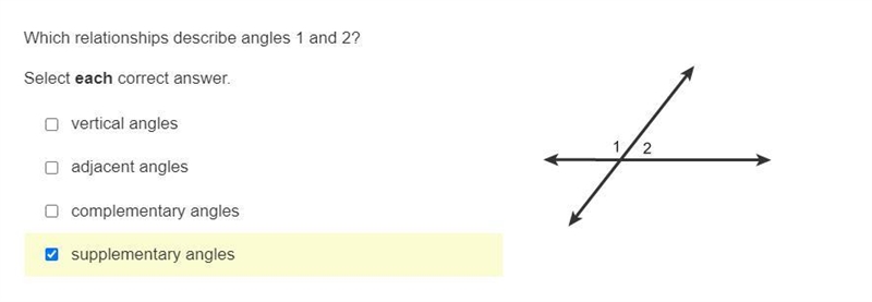 Which relationships describe angles 1 and 2? Select each correct answer. vertical-example-1