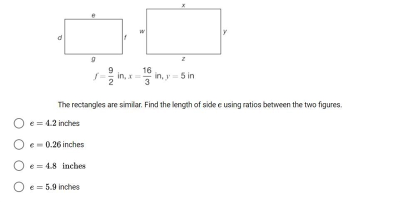 The rectangles are similar. Find the length of side e using ratios between the two-example-1